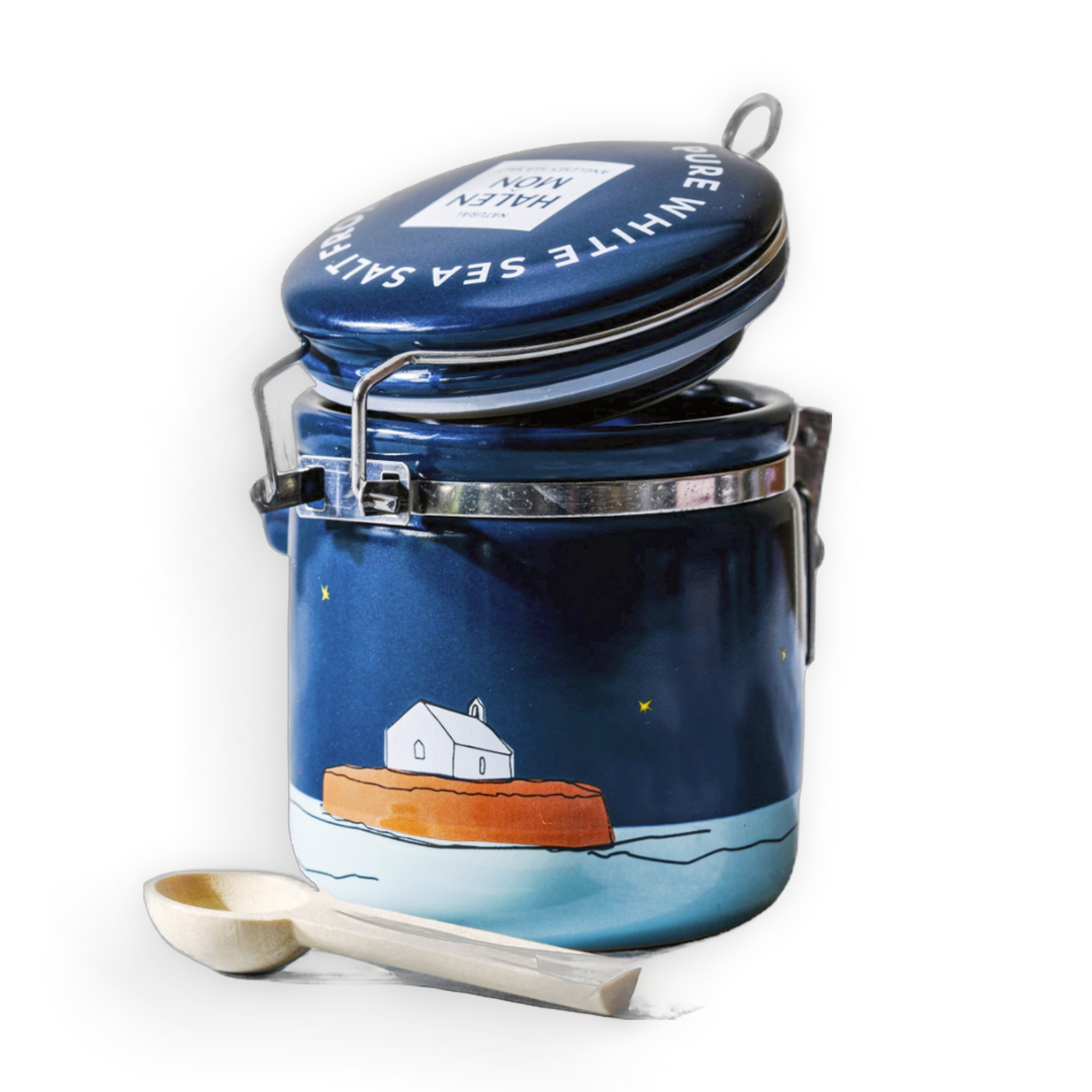 Blue Church-in-the-Sea Ceramic Jar with 100g Pure Sea Salt | Halen Môn | Anglesey Hamper Co.