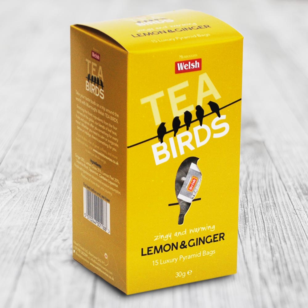 Lemon & Ginger 15 Pyramid Tea Bags | Welsh Tea Birds | Anglesey Hamper Co.