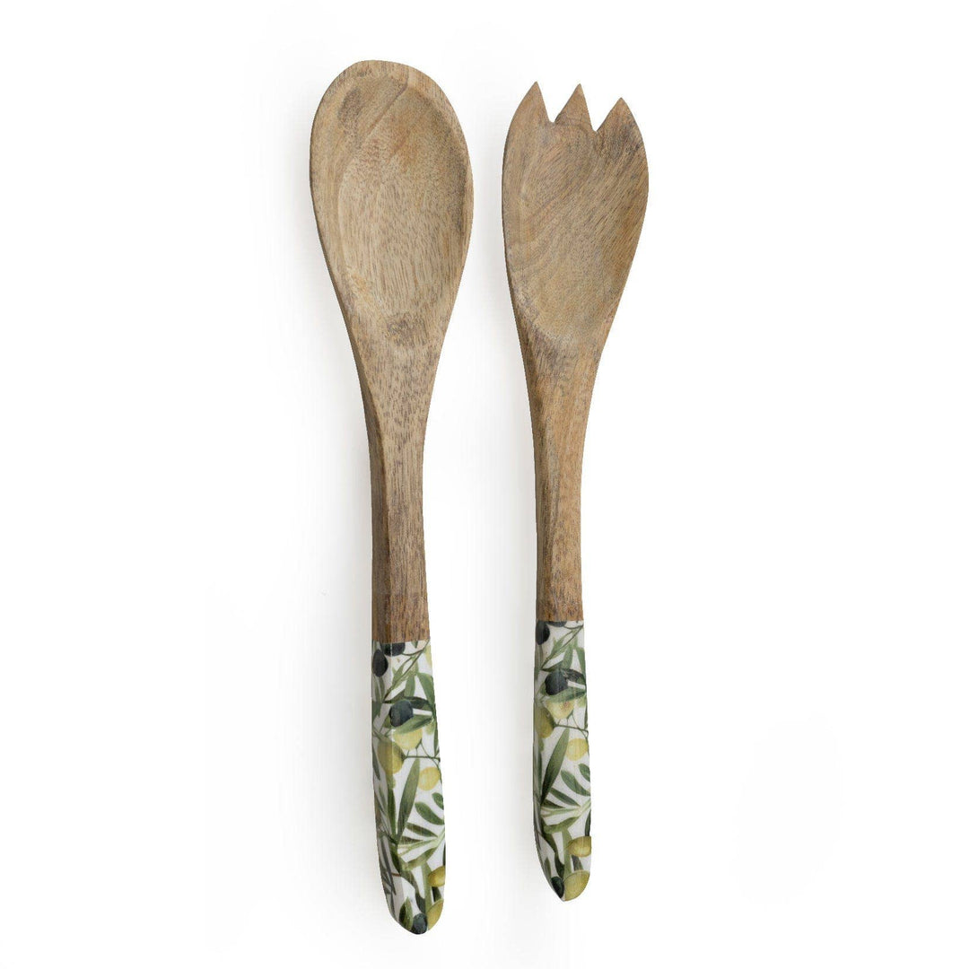 Serving Spoon & Fork Set – Mango Wood with Olives Design
