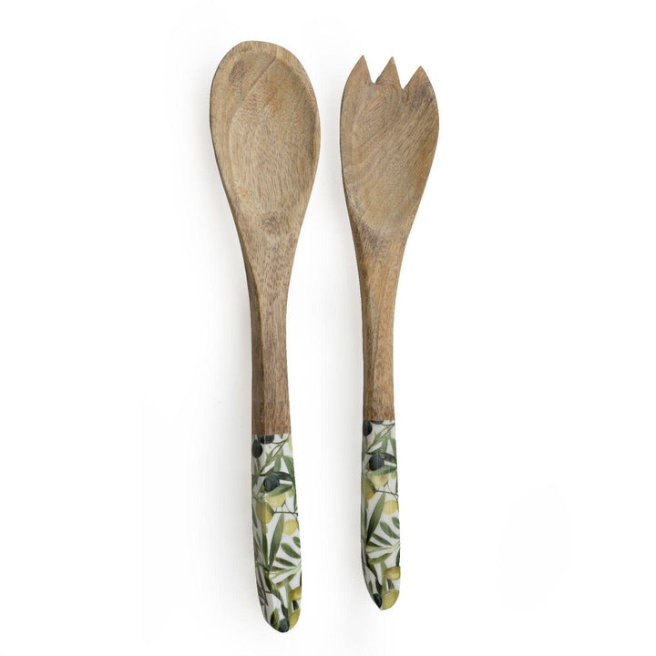 Serving Spoon & Fork Set – Mango Wood with Olives Design