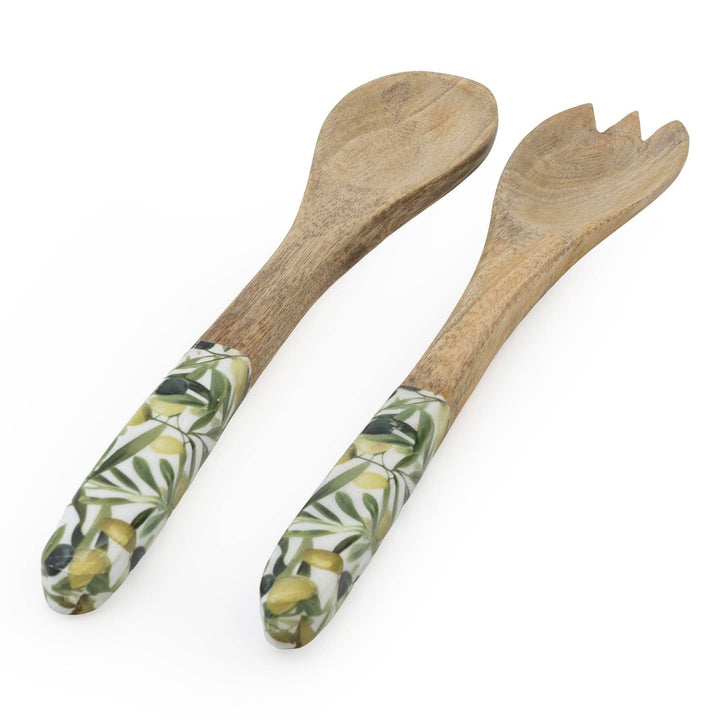 Serving Spoon & Fork Set – Mango Wood with Olives Design