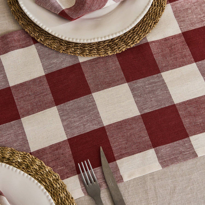 Rustic Red Gingham Linen Table Runner: 35 x 200cm