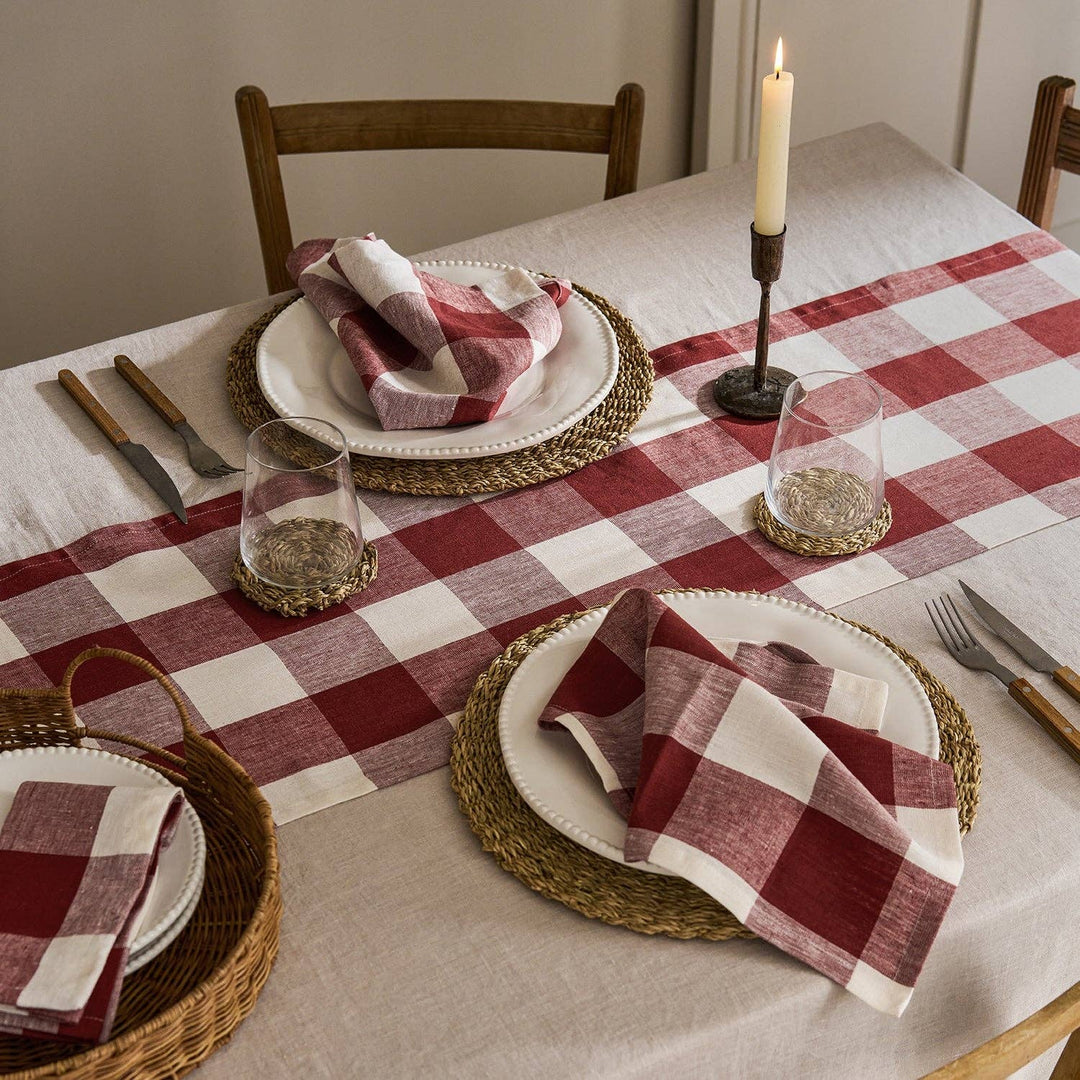 Rustic Red Gingham Linen Table Runner: 35 x 200cm