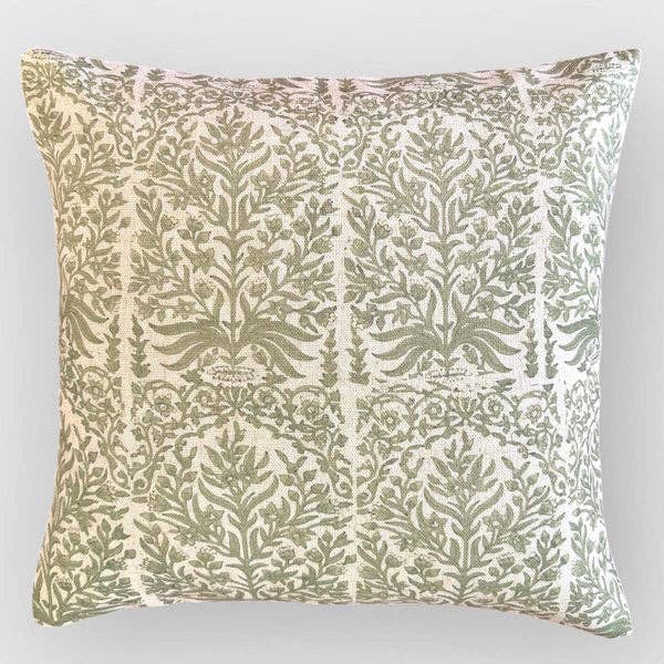Sakura Oriental Print Linen Cushion | Moss Green