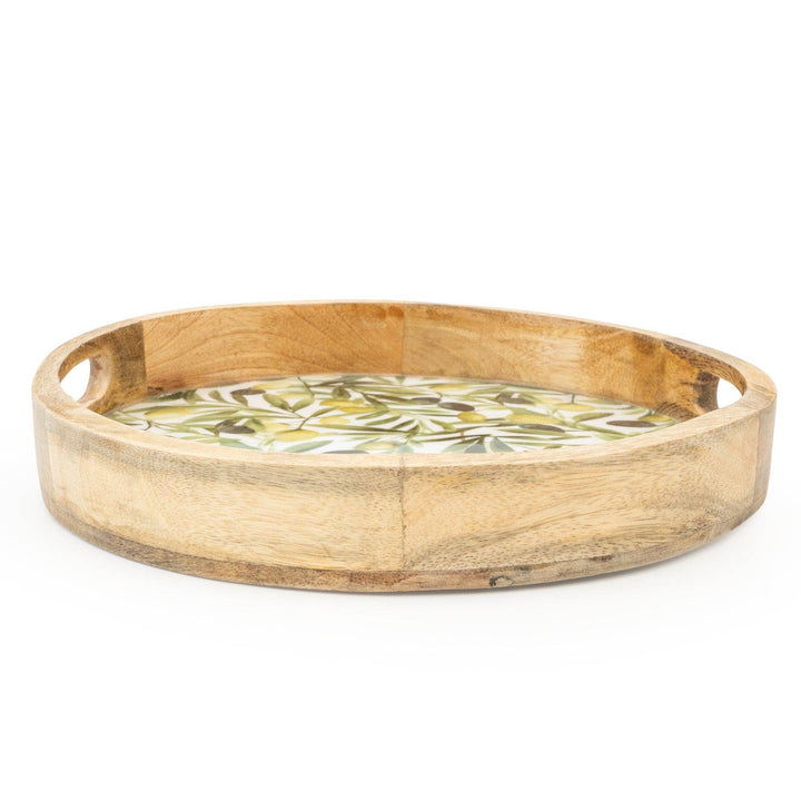 Handcrafted Round Mango Wood Tray – Olive Design 30cm