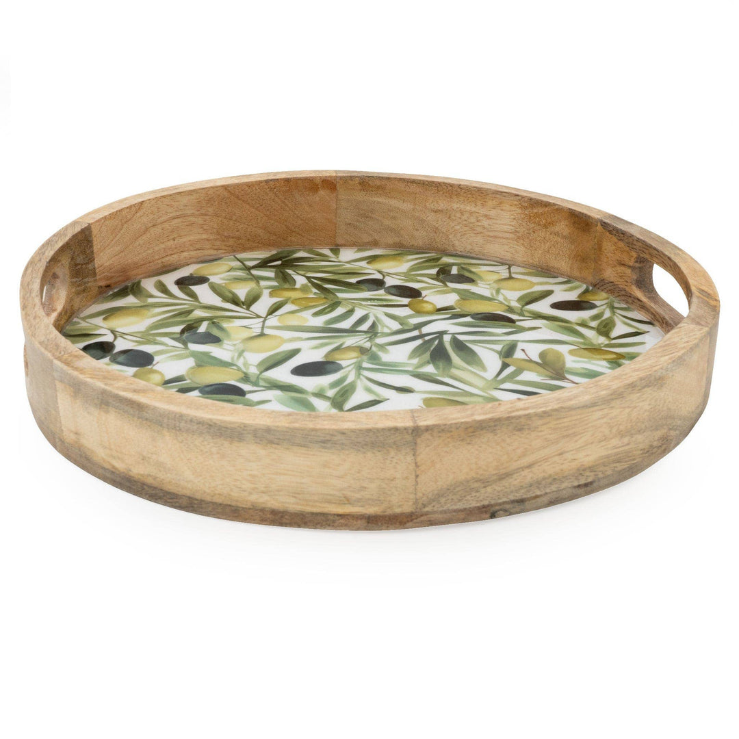 Handcrafted Round Mango Wood Tray – Olive Design 30cm