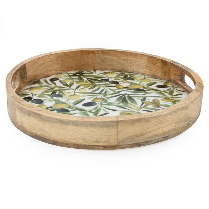 Handcrafted Round Mango Wood Tray – Olive Design 30cm