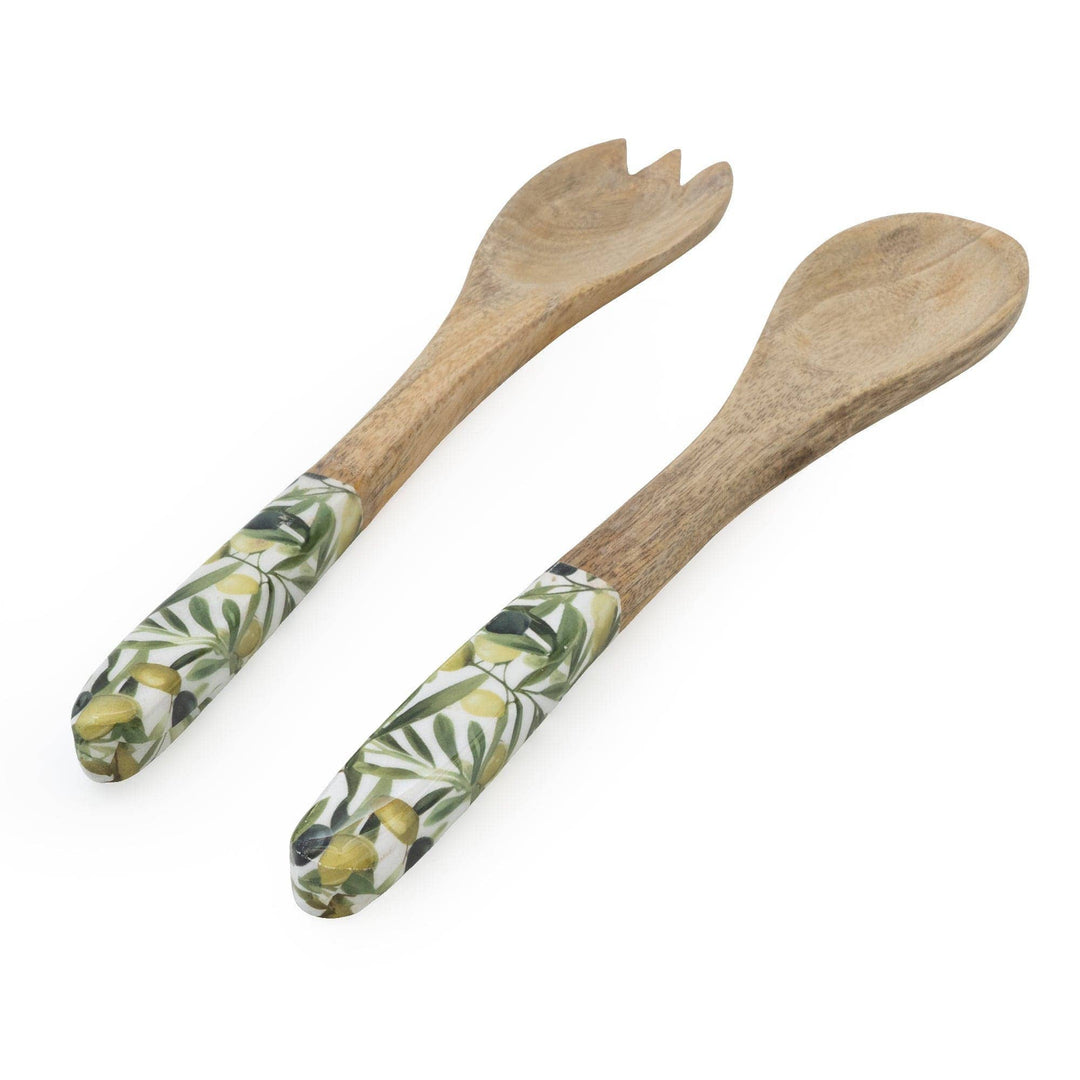 Serving Spoon & Fork Set – Mango Wood with Olives Design