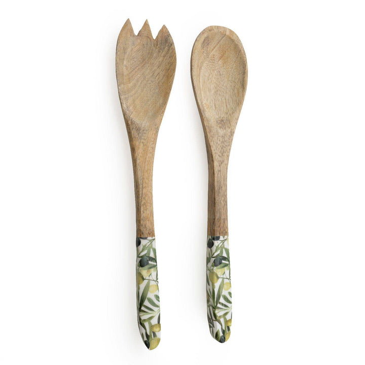 Serving Spoon & Fork Set – Mango Wood with Olives Design